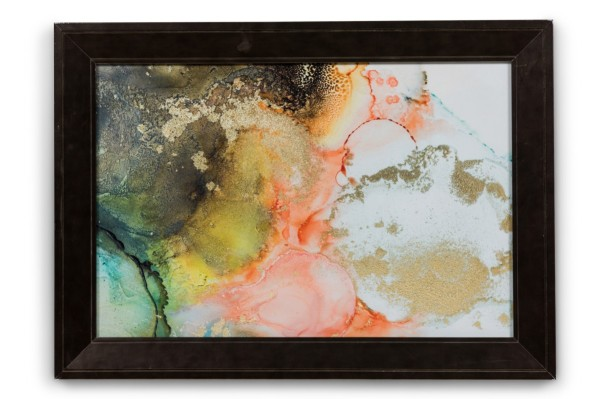 Abstract Print with Teal, Gold, Pink, Yellow, and Green Pools of Color in Black Frame