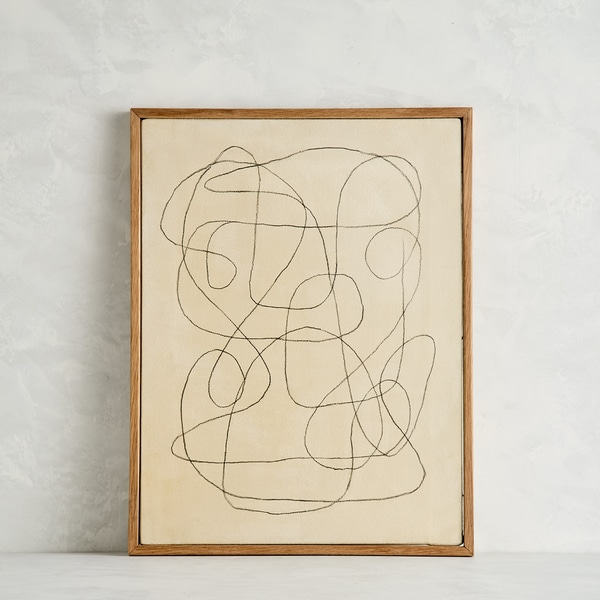 Biege with Black Scribble Abstract Painting; Oak Frame; Cleared