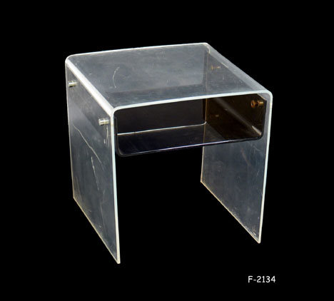 SIDE TABLE: Clear plexi U-shape with lower smoked plexi shelf, 16" x 16" x 16"H