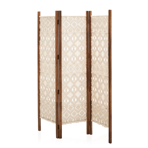 Cream and Wood Macrame Screen Room Divider