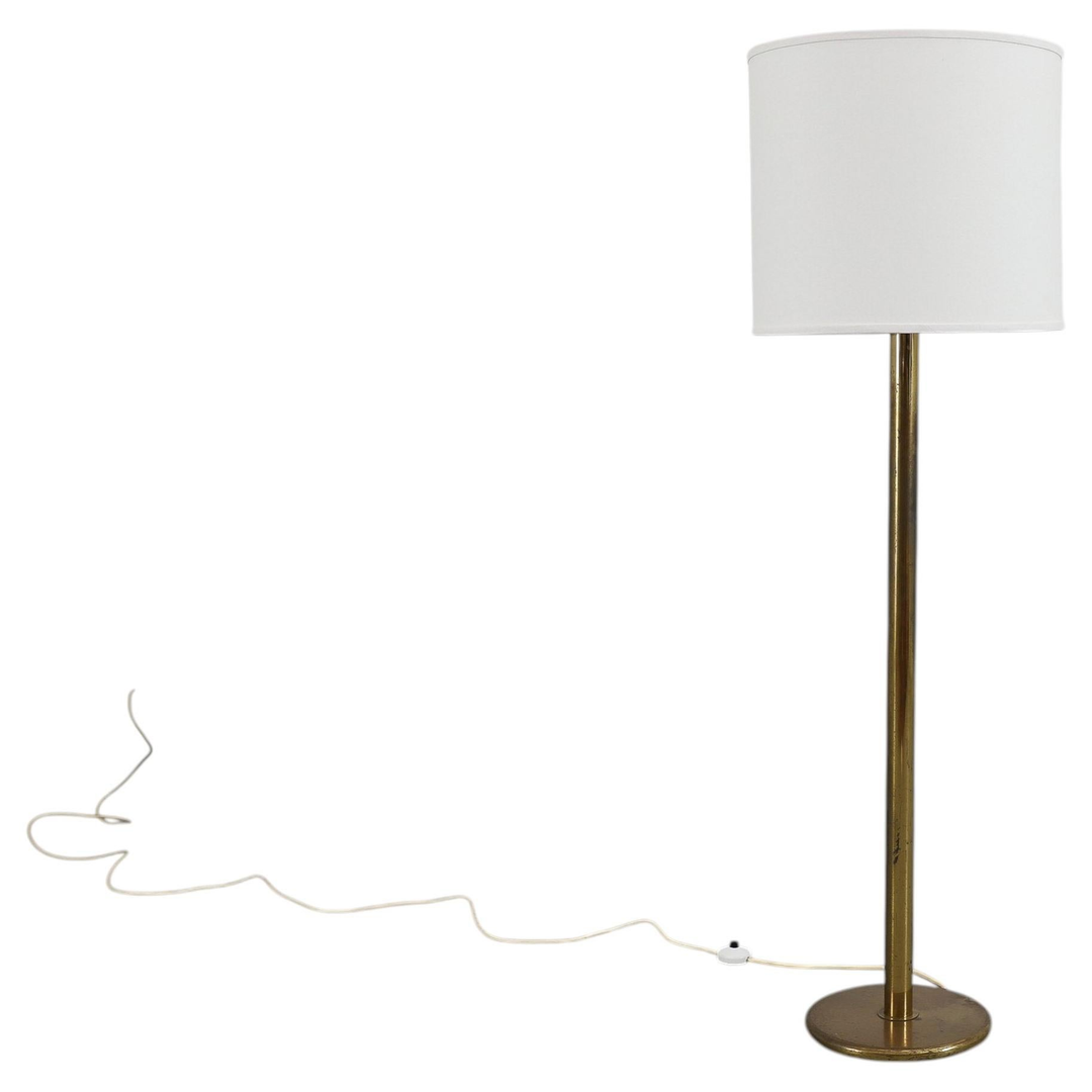 Mid-Century 1970s Fat Brass Floor Lamp, New Linen Drum Shade