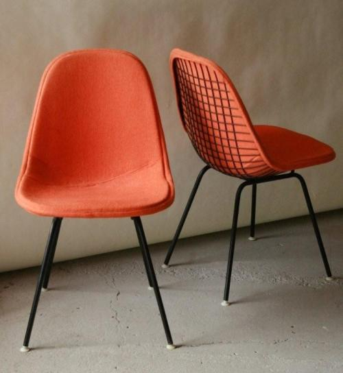 Eames Metal Wire Side Chair with Orange Wool Upholstery
