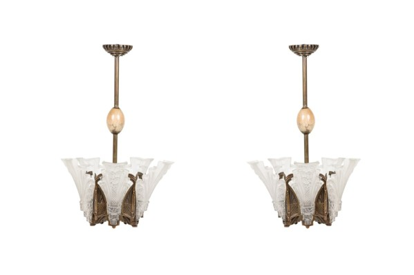 2 French Art Deco Frosted Glass Geometric Chandeliers