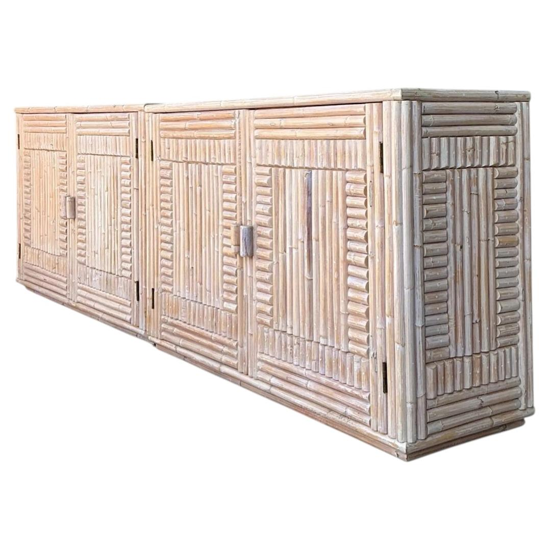 Vintage Monumental Washed Rattan Credenza