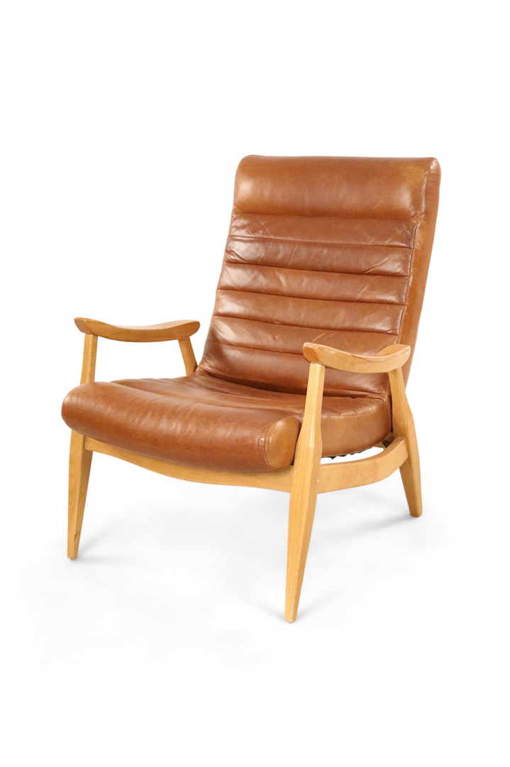 Mid-Century Style Brown Channeled Faux Leather and Wood Lounge / Armchair