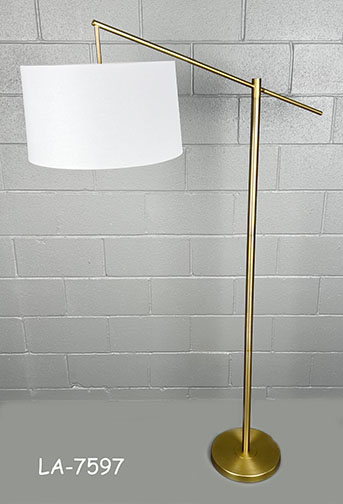 FLOOR LAMP: Task or Reading Lamp, "Dyanne" Contemporary, Minimal, Round Tube Column and Arm with Faux Cantilever End, Disc Base, All in Metal with Brushed Brass Finish, Threaded UNO Fitter, 1 Light Electric, Attached Power Cord with In-Line Step Switch, 36"W x 12"D x 68-1/2"H