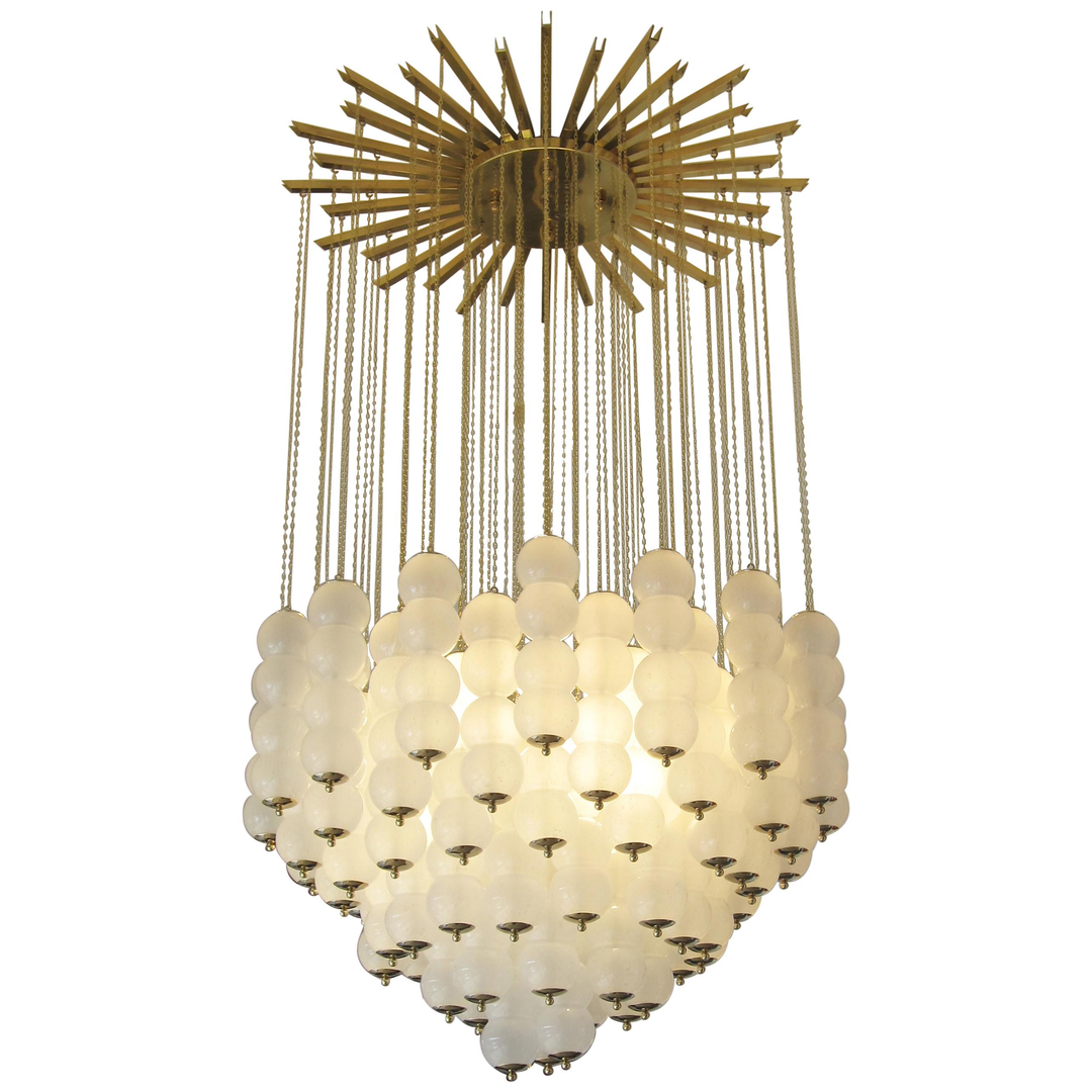 Flush Mount Conical Murano White Glass and Brass Ceiling Light, in stock
