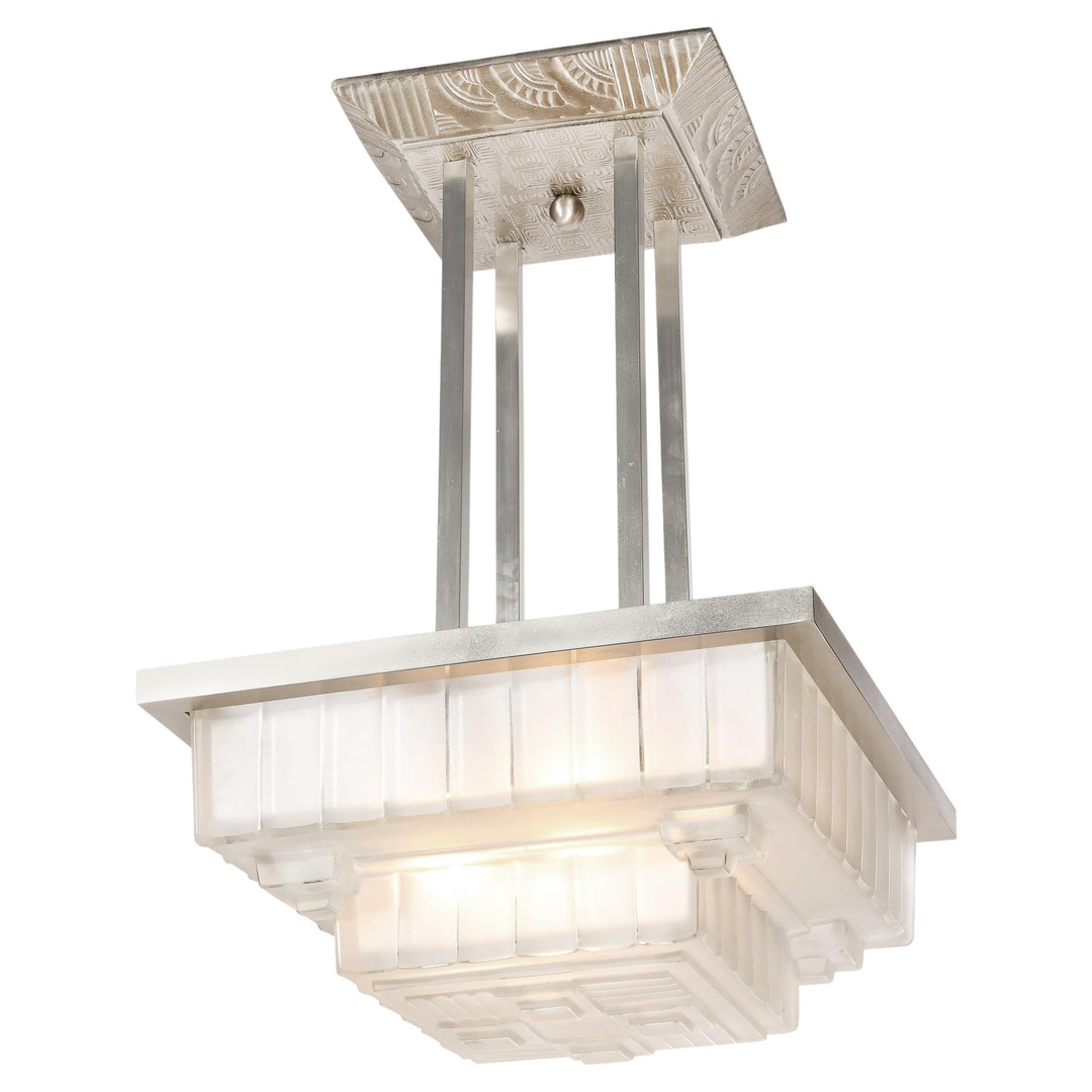 Art Deco Chandelier in Skyscraper Frosted Glass & Silvered Bronze Signed Sabino