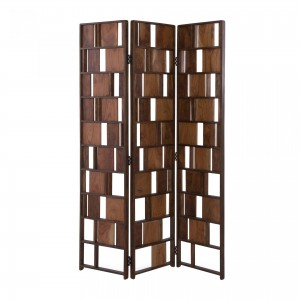 Contemporary Acacia Wood 3-Fold Screen with Geometric Cutouts