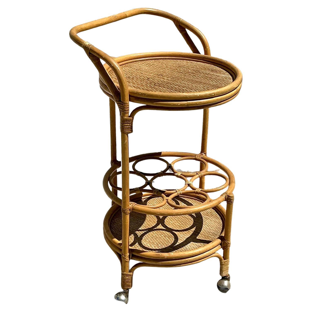 Vintage Coastal Woven Rattan Bar Cart