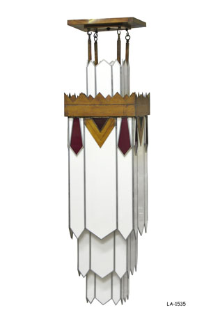HANGING FIXTURE: Art Deco zigzag style, 4 tier white & ruby plexi & glass w/copper crest & copper canopy, chain drop, 13"Sq X 54"H. 1 OF 2 FIXTURES HAS 2 CRACKS ON GLASS