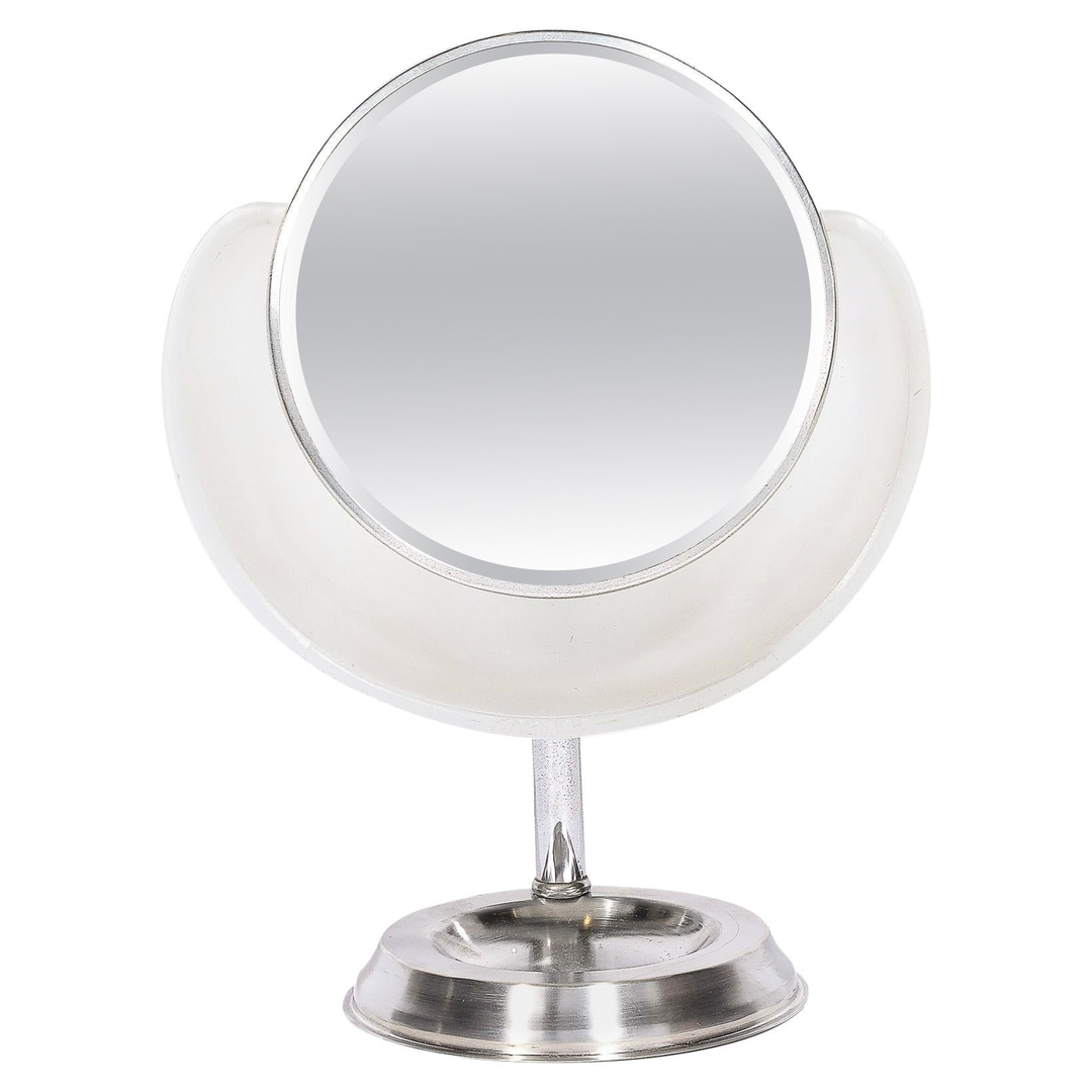 Art Deco Round Frosted Glass and Chrome Vanity Mirror