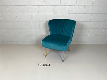 LOUNGE CHAIR: Accent, Side, or Slipper Chair, "Celisha", Contemporary, Upholstered in Teal Blue Curved Back with Thin Vertical Channel Tufting, Thick Tight Seat, Piping Around Back and Edge of Seat, on Gold Metal Hairpin Legs, 26"W x 30"D x 32"H
