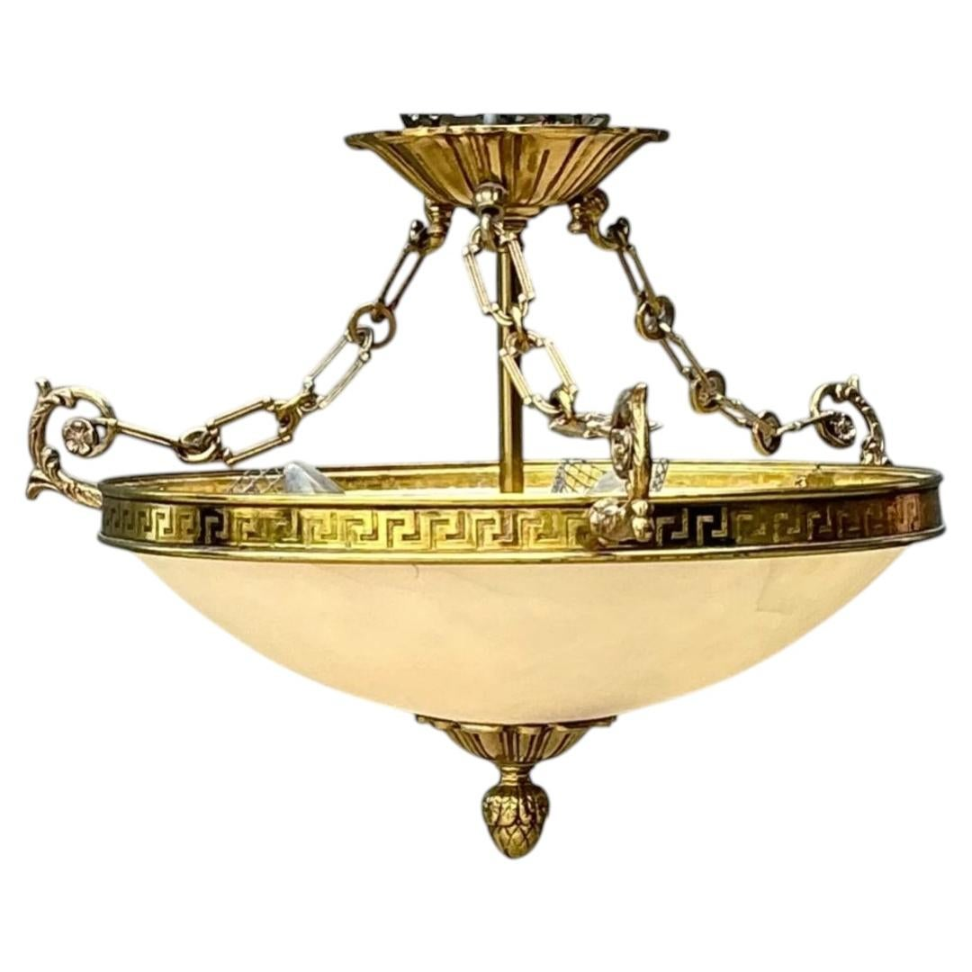 Vintage Metal and Glass Greek Key Pendant Light