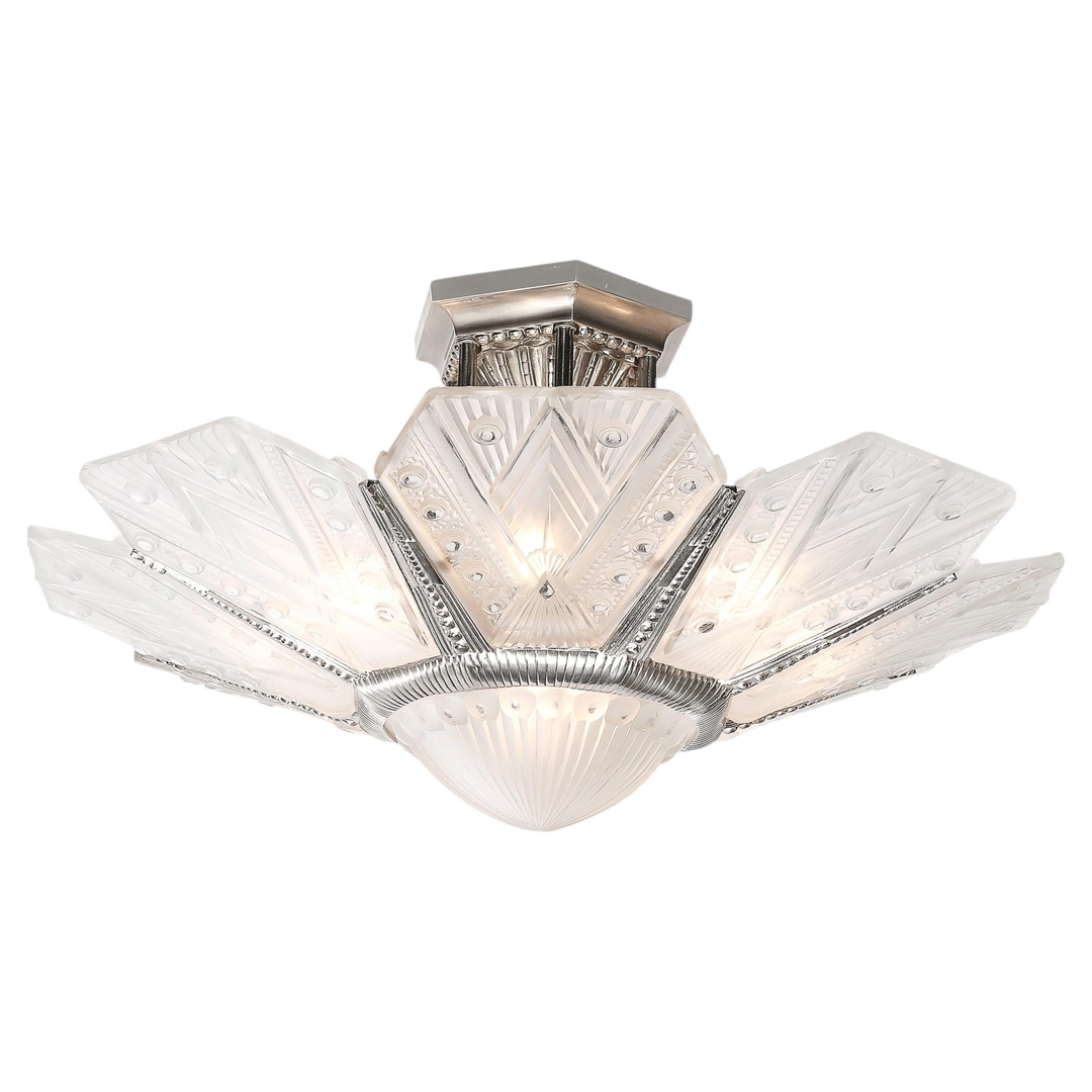 Art Deco Frosted Glass Cubist Geometric Detail & Fluted Chandelier Signed Leleu