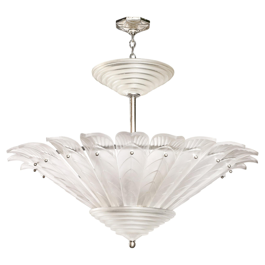 Rare Art Deco Skyscraper Style Frosted Glass Chandelier Signed Sabino