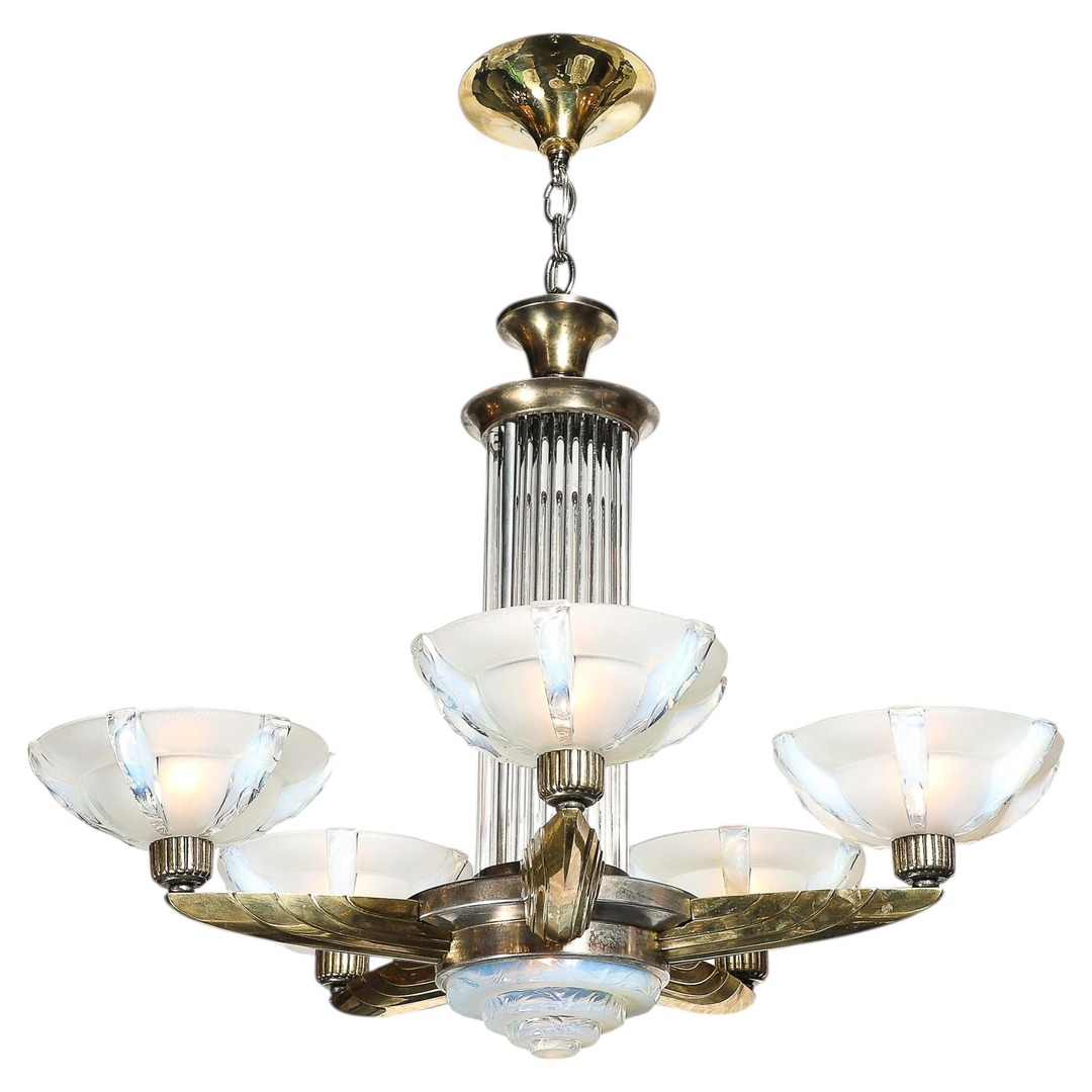 Art Deco Brass Petitot Chandelier w/ Glass Rods & Opalescent Glass Shades