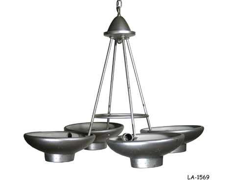 CHANDELIER: 1950's Modern; brass w/4 pierced brass bowls, each w/socket; brass ring w/ plexi diffuser. 32"DiaX24"H