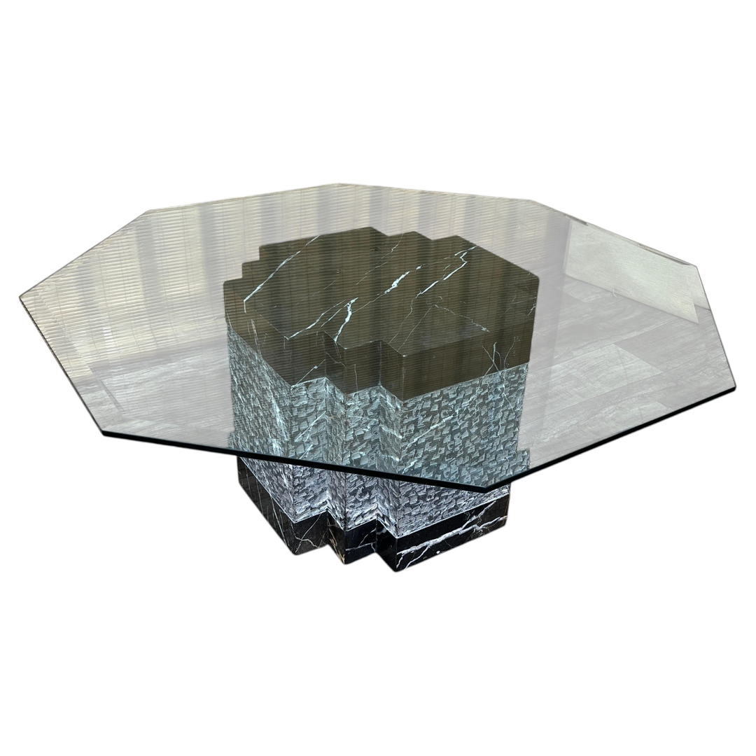 Postmodern Black Marble Base Octagonal Coffee Table. Circa 1980s.