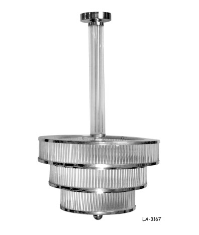 CHANDELIER: Art Deco style "Trocadero" 3-tier chrome w/glass tubes; 8 sockets inside; frosted plexi disc & chrome ball finial; 20"dia X 32"H