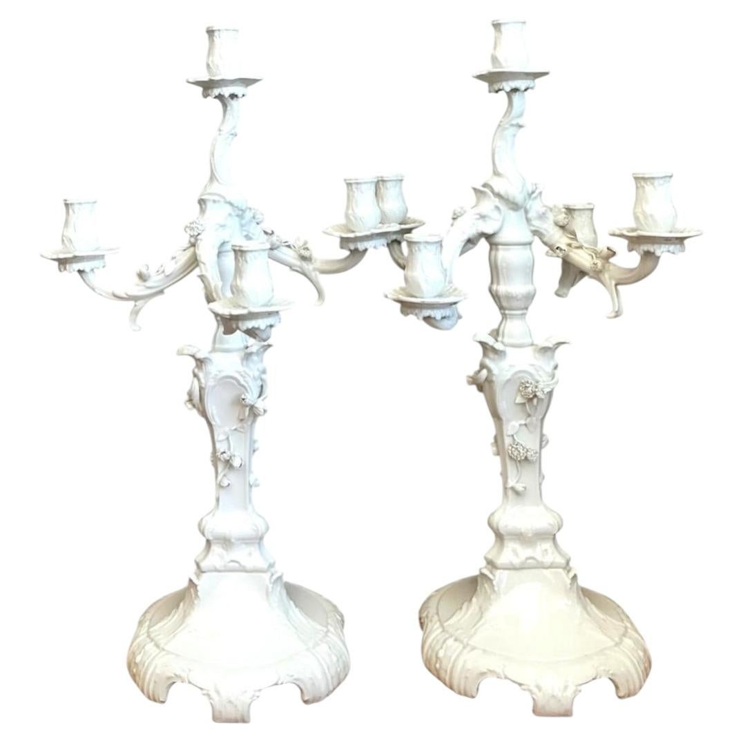 Vintage KPM Berlin Blanc De Chine White Porcelain Candelabras - Pair