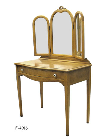 DRESSING TABLE: Mid 1900's, 3-fold mirror, birdseye maple finish, bow front w/1 drawer, 36" x 19" x 58" H. DO NOT PAINT!!!!!!!!!!!!!!!!!!!!!!!!!!!!
