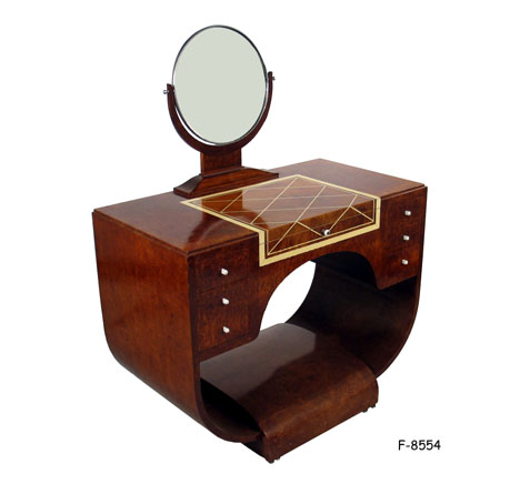 DRESSING TABLE: Art Deco style burl walnut w/silver easel mirror; faux ivory inlay over birdseye maple; w/7 drawers; bow-shape base; 40" x 21" x 52"H SPECIAL PACKING