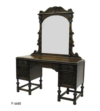 DRESSING TABLE: 1920's Elizabethan Style with Attached Mirror, Carved Oak with Turned Legs, 52" X 19" X 70-1/2"H. "Good Condition"