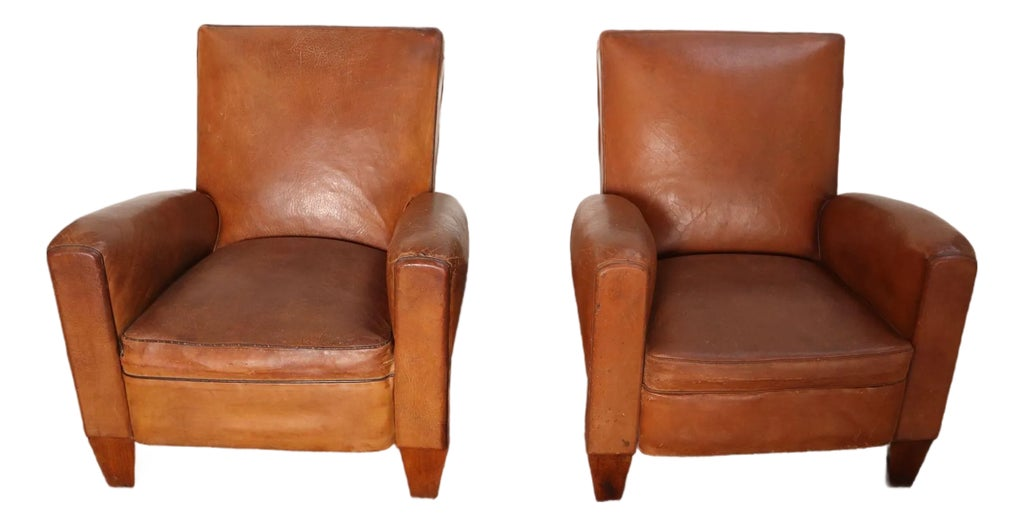 Pair of French Art Deco Leather Angled Back Club Chairs With Nailhead Decoration