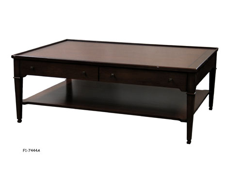 COFFEE TABLE: Traditional walnut finish with raised molding around top edge. With 4 drawers, each with bronze knobs. Full lower shelf. Tapered legs, 51-1/4 x 35-1/2 x 20"H