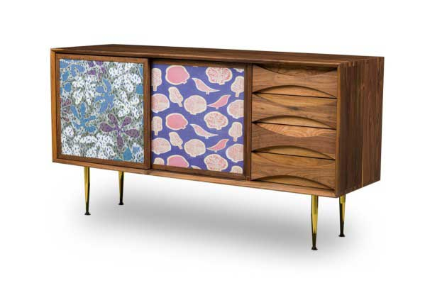 Contemporary Mid-Century American-Style Walnut Credenza with Floral-Patterned Doors