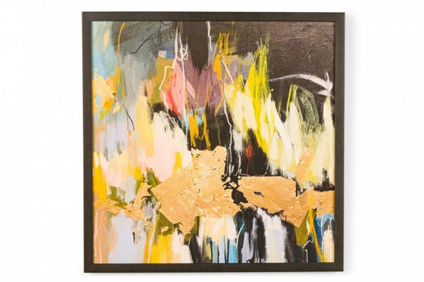 Contemporary Framed Abstract Print In Neutral and Primary Colors on Black
