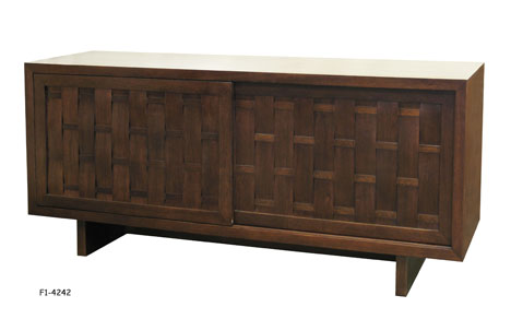 SIDEBOARD: "Jasper" mid-Century Modern style in clove brown rose sapele veneer with 2 "basket weave" panel doors, 2 drawers & 2 shelves inside, rear with 2 cord pass-through holes, 70 x 20 x 32"H SPECIAL PACKING #653