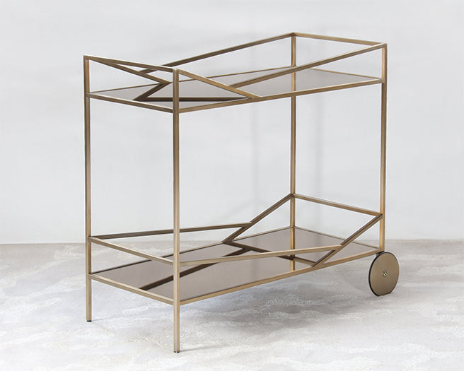 Angled Brass Bar Cart With Bronze Mirrored Shelves