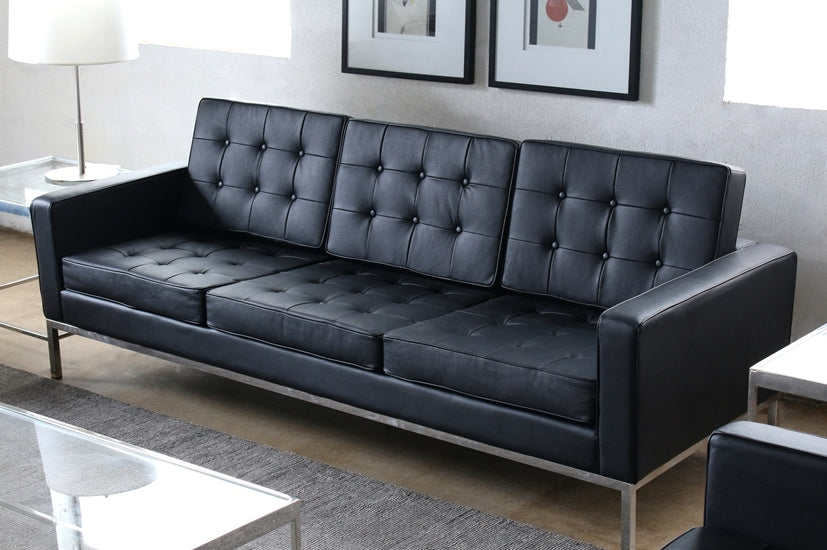 Black Leather Button Tufted Florence Knoll Style Sofa
