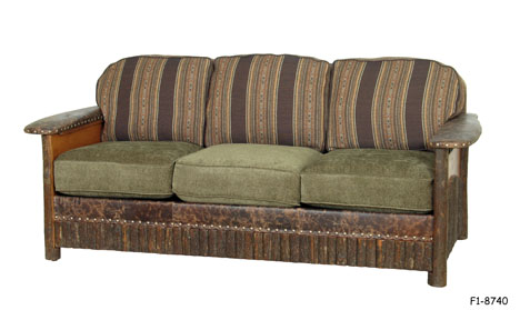 SOFA: "Shoshone" Rustic, Old Barnwood & Bark Applique on Hickory Log Box Frame; Aged Brown Leather with nail Head Trim on Top Back Rail & Padded Arms; 3 Fixed Box edge Pillow Back in Woven Brown with Beige, Green & Brown stripes & Geometric Designs; 3 Loose Pale Green Chenille Box Edge Seat Cushions with welt trim; 83 x 40 x 36"H SPECIAL PACKING