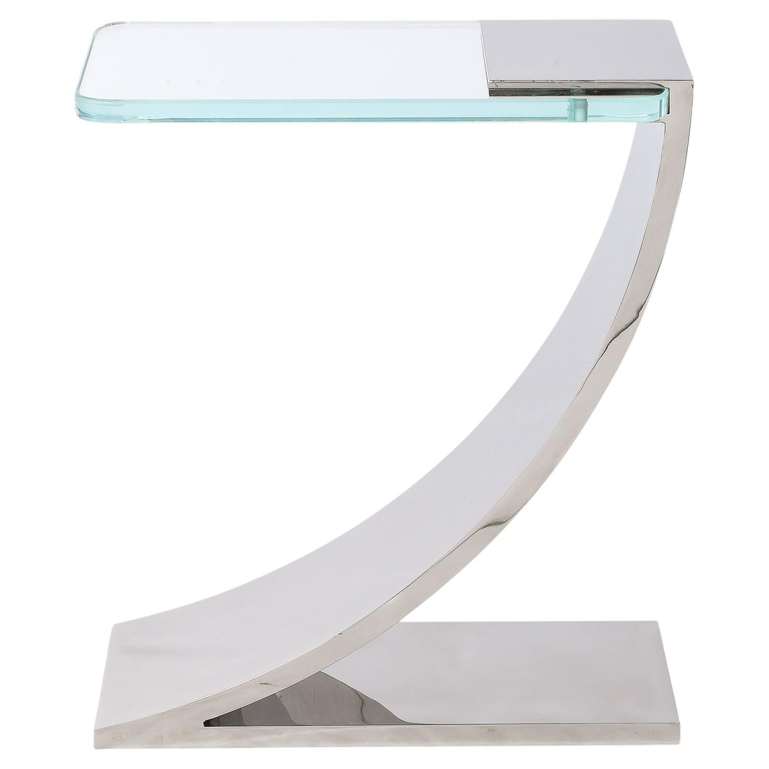 Custom Cantilevered Side Table W/ Starfire Glass Top in Polished Nickel