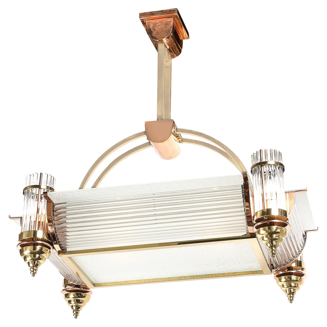 Art Deco Machine Age Brass & Copper Rectangular Chandelier by René Pottier