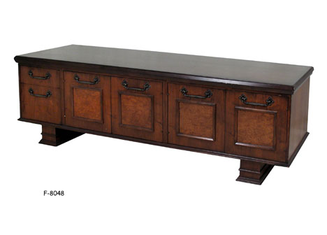 CREDENZA: Office; traditional walnut w/burl walnut panels on 4 doors, w/2 drawers, panel legs, Attached Casters, 88" x 21-1/2" x 29-1/2"