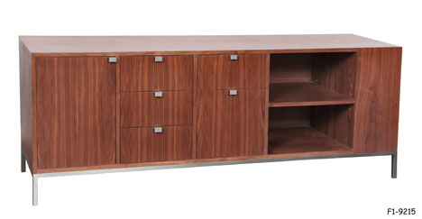 CREDENZA: Mid-Century Contemporary Style, Teak Finished with Loose Shelf At Right Side End, 3 Shallow & 1 Deep Drawers & 1 Door-All with Matte Aluminum Lip Pull, Matte Square Steel Sub Frame, 69 x 18 x 26"H