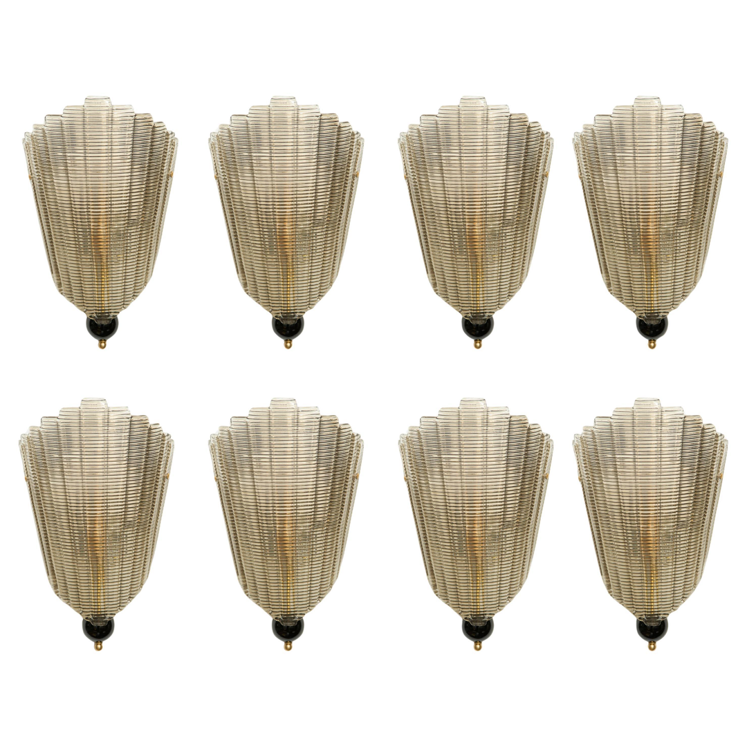 Set of Eight Murano Glass Wall Sconces, Art Deco Style, in Stock