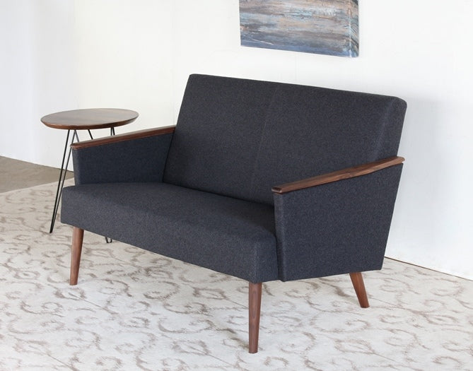 Gray Wool Loveseat with American Walnut Arms and Legs
