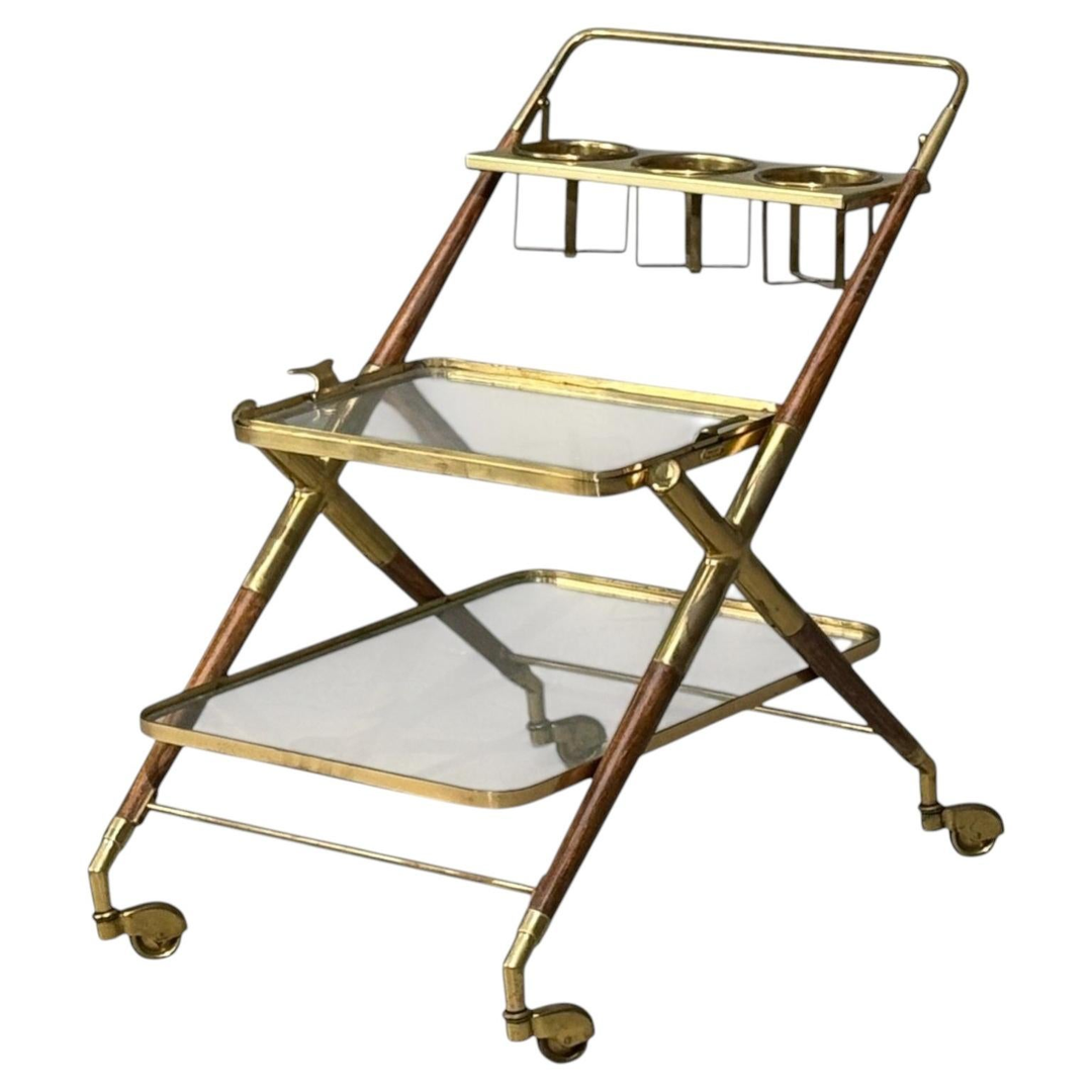 Italian Modern, Bar Cart, Teak, Brass, Glass, Italy, 1950s