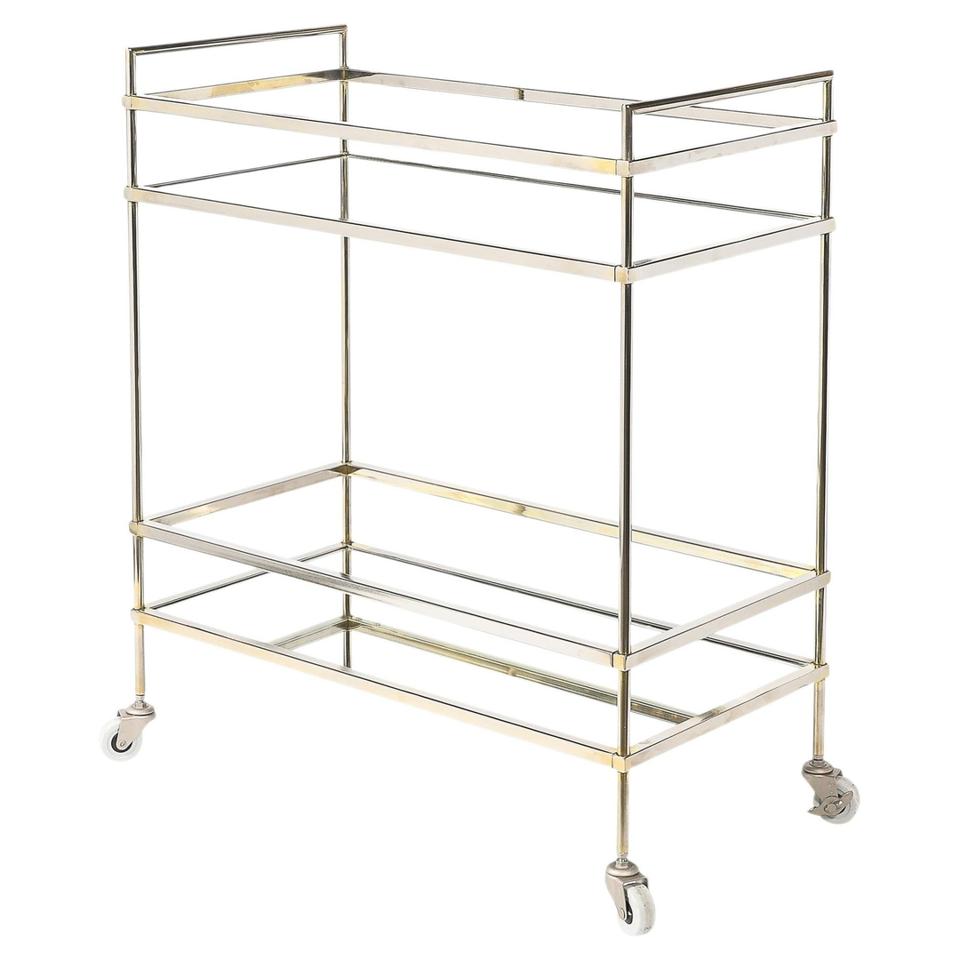 Mid-Century Modern Two-Tier Bar Cart in Antiqued Nickel Finish