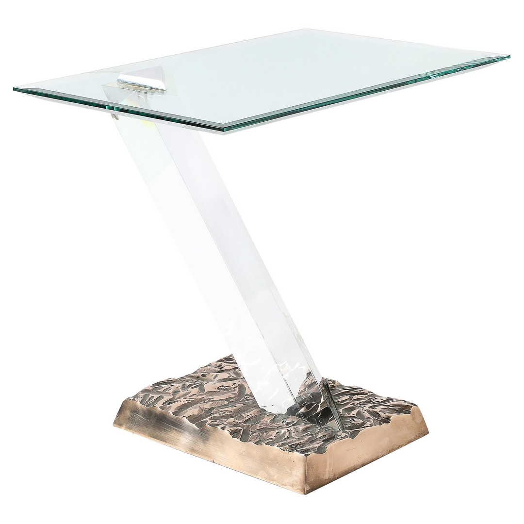 Mid-Century Bronze, Glass & Lucite "FF 24/16 Side Table" Signed Jeffrey Bigelow
