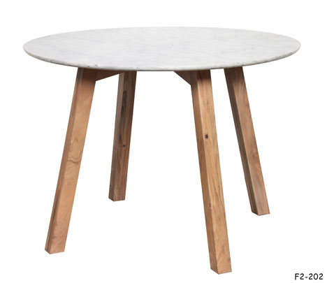 DINING TABLE: "Rock" Contemporary, Round, White Marble Top on Four Splayed & Square Natural Wood Legs, 40"Dia x 29-1/2"H CHIPPED EDGES SPECIAL PACKING