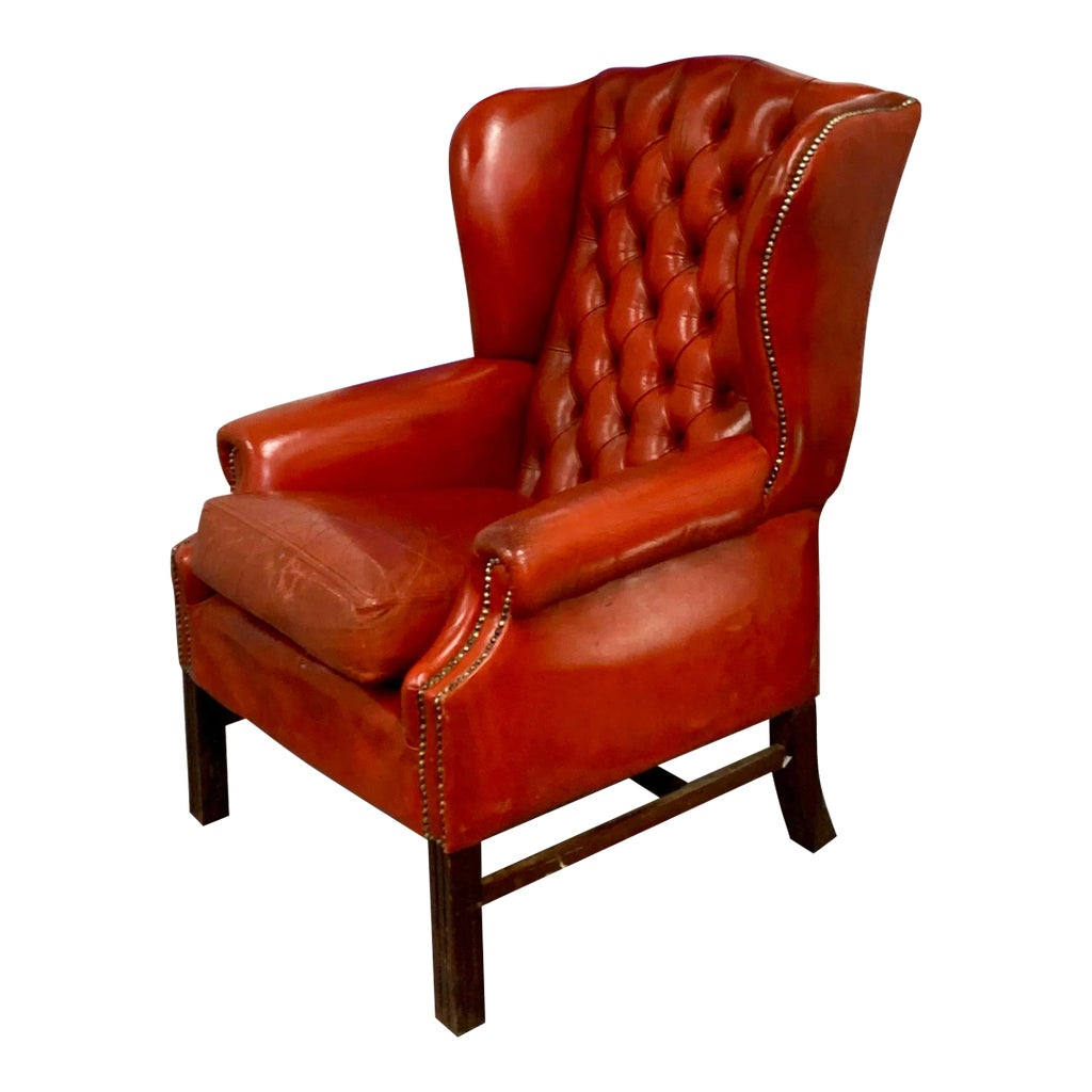 Vintage Red Leather Button Backed Wingback Armchair 20th Century