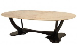 Italian Mid-Century Ebonized Wood and Beige Marble Top Coffee Table