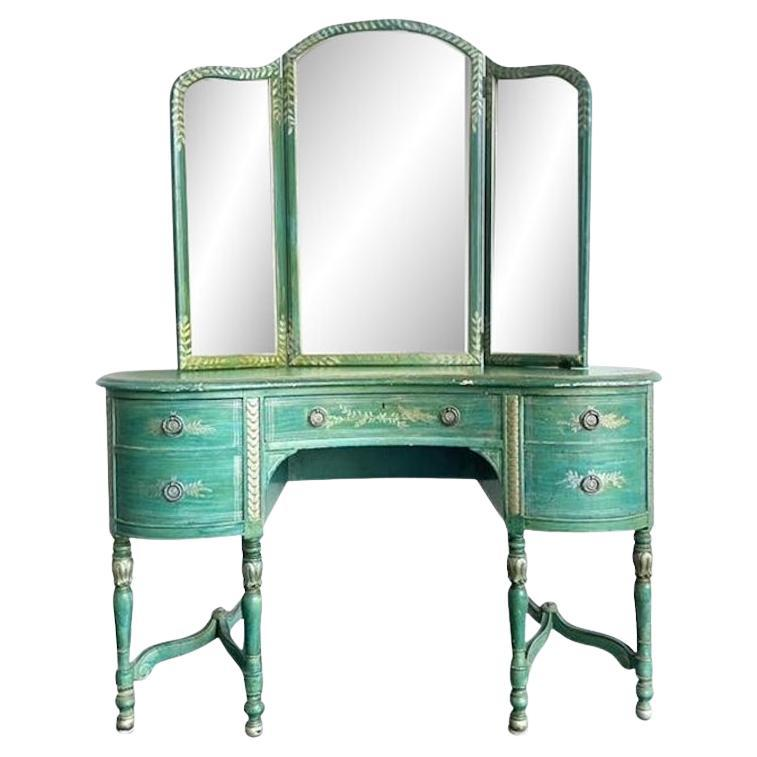 Vintage Distressed Mirrored Vanity and Chair