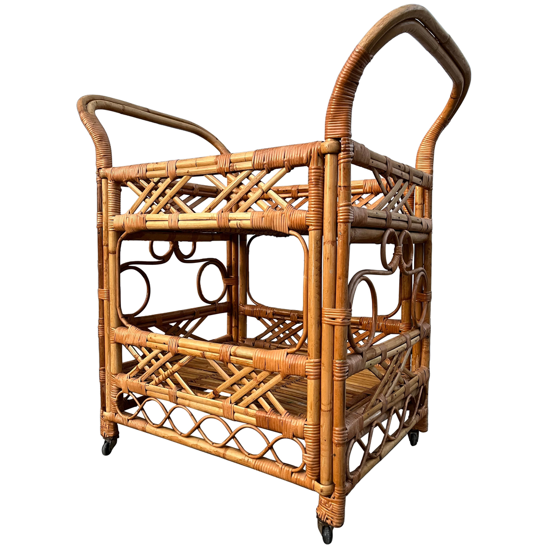 Mid Century Coastal Style Rattan Dry Bar/ Serving Cart. Circa 1970s